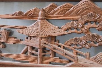 アンティーク建具　井波彫刻　光信作　松の木と風情ある風景の彫刻が美しい両面彫刻欄間2枚セット(明かり取り、明り取り)(R-071695)