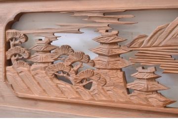 アンティーク建具　松の木と風景の彫刻が風情を感じる両面彫刻欄間2枚セット(明かり取り、明り取り)(R-071696)