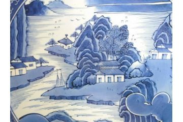 江戸期　古伊万里　染付　1尺5寸　約47cm　繊細に描かれた山水図が上質な和の雰囲気を高める大皿(和皿、和食器、一尺五寸)(R-071726)