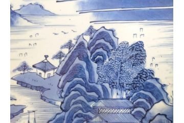 江戸期　古伊万里　染付　1尺5寸　約47cm　繊細に描かれた山水図が上質な和の雰囲気を高める大皿(和皿、和食器、一尺五寸)(R-071726)