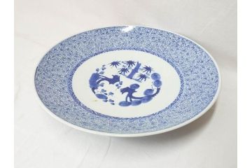 江戸〜明治　古伊万里　染付　微塵唐草文　1尺5寸　約47cm　一つ一つ丁寧に描かれた絵付けが美しい大皿(松竹梅図、和皿、和食器、一尺五寸)(R-071729)