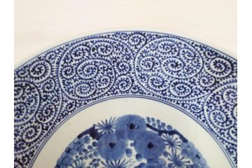 古伊万里　染付　蛸唐草文　松竹梅文　渦福　約45cm　1尺4寸　大胆かつ繊細な絵柄に魅了される大皿(二重角福、和食器、和皿、一尺四寸)(R-071730)