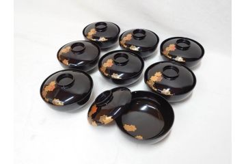 明治〜大正　輪島塗　木製漆器　紅葉の蒔絵が食卓のアクセントになる吸物椀8客セット(もみじ、モミジ、黒漆、お椀、和食器)(R-071738)