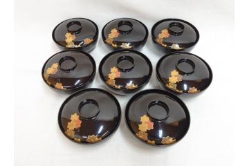 明治〜大正　輪島塗　木製漆器　紅葉の蒔絵が食卓のアクセントになる吸物椀8客セット(もみじ、モミジ、黒漆、お椀、和食器)(R-071738)