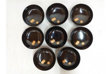 明治〜大正　輪島塗　木製漆器　紅葉の蒔絵が食卓のアクセントになる吸物椀8客セット(もみじ、モミジ、黒漆、お椀、和食器)(R-071738)