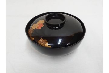 明治〜大正　輪島塗　木製漆器　紅葉の蒔絵が食卓のアクセントになる吸物椀8客セット(もみじ、モミジ、黒漆、お椀、和食器)(R-071738)