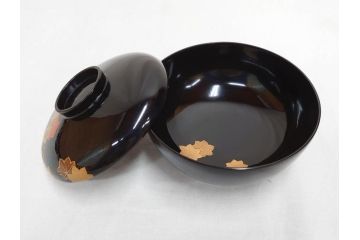 明治〜大正　輪島塗　木製漆器　紅葉の蒔絵が食卓のアクセントになる吸物椀8客セット(もみじ、モミジ、黒漆、お椀、和食器)(R-071738)