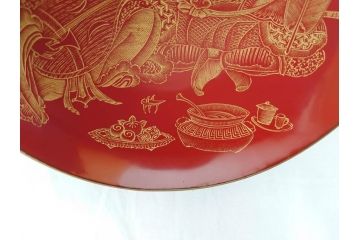 江戸期　輪島塗　本朱　五ツ組　七福神　沈金で描かれた縁起の良い絵柄が美しい大盃&盃台付き(朱塗り、木製漆器、杯、酒器、和食器、共箱付き)(R-071744)