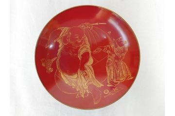江戸期　輪島塗　本朱　五ツ組　七福神　沈金で描かれた縁起の良い絵柄が美しい大盃&盃台付き(朱塗り、木製漆器、杯、酒器、和食器、共箱付き)(R-071744)