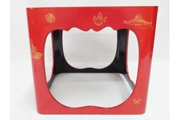 江戸期　輪島塗　本朱　五ツ組　七福神　沈金で描かれた縁起の良い絵柄が美しい大盃&盃台付き(朱塗り、木製漆器、杯、酒器、和食器、共箱付き)(R-071744)