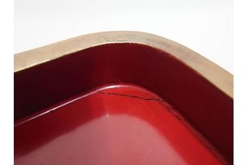 江戸期　輪島塗　本朱　五ツ組　七福神　沈金で描かれた縁起の良い絵柄が美しい大盃&盃台付き(朱塗り、木製漆器、杯、酒器、和食器、共箱付き)(R-071744)