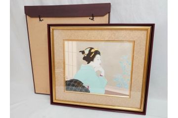 上村松園　「若葉」　モモセ版画美術　限定300部のうち292番　気品の漂う女性の姿を見事に表現された手摺木版画(人物画、絵画、額装、箱付き)(R-071745)