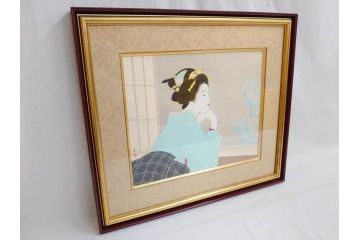 上村松園　「若葉」　モモセ版画美術　限定300部のうち292番　気品の漂う女性の姿を見事に表現された手摺木版画(人物画、絵画、額装、箱付き)(R-071745)