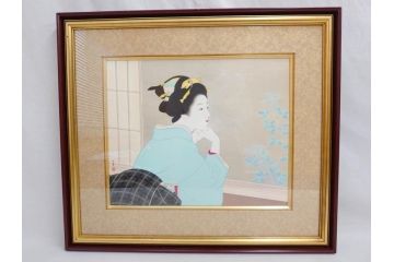 上村松園　「若葉」　モモセ版画美術　限定300部のうち292番　気品の漂う女性の姿を見事に表現された手摺木版画(人物画、絵画、額装、箱付き)(R-071745)
