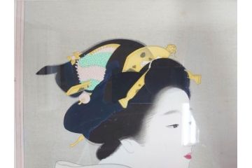 上村松園　「若葉」　モモセ版画美術　限定300部のうち292番　気品の漂う女性の姿を見事に表現された手摺木版画(人物画、絵画、額装、箱付き)(R-071745)