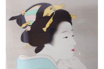 上村松園　「若葉」　モモセ版画美術　限定300部のうち292番　気品の漂う女性の姿を見事に表現された手摺木版画(人物画、絵画、額装、箱付き)(R-071745)