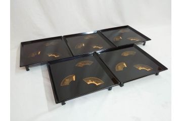 輪島塗　能州輪島　布着　扇面蒔絵　優美で上品な雰囲気漂うお膳5客セット(木製漆器、脚付き、金蒔絵、お盆)(R-071749)