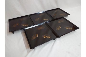 輪島塗　能州輪島　布着　扇面蒔絵　優美で上品な雰囲気漂うお膳5客セット(木製漆器、脚付き、金蒔絵、お盆)(R-071750)