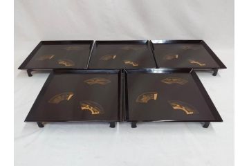 輪島塗　能州輪島　布着　扇面蒔絵　優美で上品な雰囲気漂うお膳5客セット(木製漆器、脚付き、金蒔絵、お盆)(R-071750)