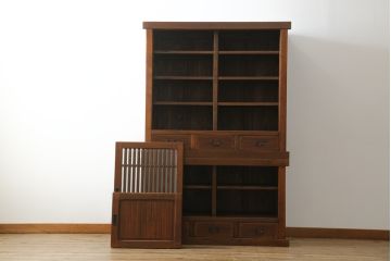 中古　美品　高級品!!　国産職人手造り　タモ材　框組み　上質な和の空間を演出する重厚な二段重ね水屋箪笥(食器棚、キャビネット、重ねタンス、茶箪笥、収納棚、戸棚、店舗什器)(R-071786)