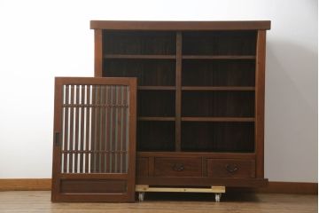 中古　美品　高級品!!　国産職人手造り　タモ材　框組み　上質な和の空間を演出する水屋箪笥サイドボード(食器棚、収納棚、戸棚、茶箪笥、サイドキャビネット、店舗什器)(R-071787)