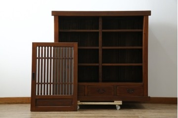 中古　美品　高級品!!　国産職人手造り　タモ材　框組み　上質な和の空間を演出する水屋箪笥サイドボード(食器棚、収納棚、戸棚、茶箪笥、サイドキャビネット、店舗什器)(R-071787)