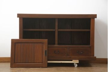 中古　美品　高級品!!　国産職人手造り　タモ材　框組み　上質な和の空間を演出する水屋箪笥サイドボード(食器棚、収納棚、戸棚、茶箪笥、サイドキャビネット、店舗什器)(R-071788)