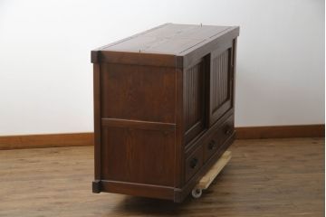 中古　美品　高級品!!　国産職人手造り　タモ材　框組み　上質な和の空間を演出する水屋箪笥サイドボード(食器棚、収納棚、戸棚、茶箪笥、サイドキャビネット、店舗什器)(R-071788)