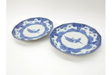 江戸期　上手物　古伊万里　染付　約21cm　6.9寸　職人による丁寧な絵付けに魅了される十二角皿2枚セット(和食器、和皿、中皿、変形皿、鳥、六寸九分)(R-071808)