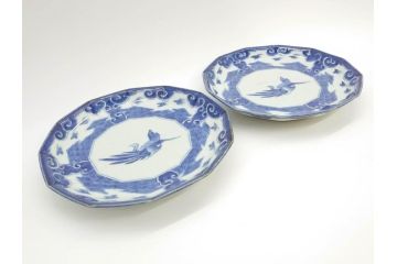 江戸期　上手物　古伊万里　染付　約21cm　6.9寸　職人による丁寧な絵付けに魅了される十二角皿2枚セット(和食器、和皿、中皿、変形皿、鳥、六寸九分)(R-071808)