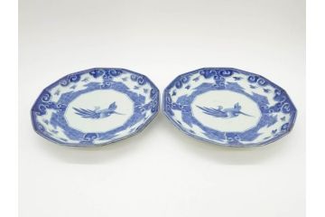 江戸期　上手物　古伊万里　染付　約21cm　6.9寸　職人による丁寧な絵付けに魅了される十二角皿2枚セット(和食器、和皿、中皿、変形皿、鳥、六寸九分)(R-071808)