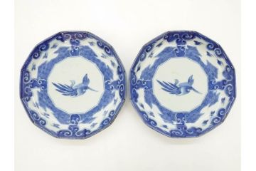 江戸期　上手物　古伊万里　染付　約21cm　6.9寸　職人による丁寧な絵付けに魅了される十二角皿2枚セット(和食器、和皿、中皿、変形皿、鳥、六寸九分)(R-071808)