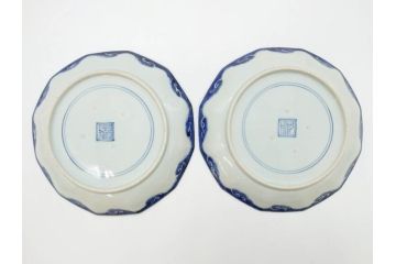 江戸期　上手物　古伊万里　染付　約21cm　6.9寸　職人による丁寧な絵付けに魅了される十二角皿2枚セット(和食器、和皿、中皿、変形皿、鳥、六寸九分)(R-071808)