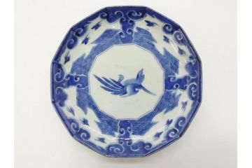 江戸期　上手物　古伊万里　染付　約21cm　6.9寸　職人による丁寧な絵付けに魅了される十二角皿2枚セット(和食器、和皿、中皿、変形皿、鳥、六寸九分)(R-071808)