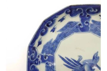 江戸期　上手物　古伊万里　染付　約21cm　6.9寸　職人による丁寧な絵付けに魅了される十二角皿2枚セット(和食器、和皿、中皿、変形皿、鳥、六寸九分)(R-071808)