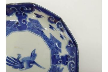 江戸期　上手物　古伊万里　染付　約21cm　6.9寸　職人による丁寧な絵付けに魅了される十二角皿2枚セット(和食器、和皿、中皿、変形皿、鳥、六寸九分)(R-071808)