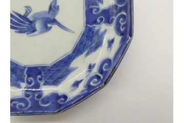 江戸期　上手物　古伊万里　染付　約21cm　6.9寸　職人による丁寧な絵付けに魅了される十二角皿2枚セット(和食器、和皿、中皿、変形皿、鳥、六寸九分)(R-071808)