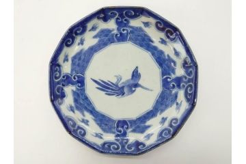 江戸期　上手物　古伊万里　染付　約21cm　6.9寸　職人による丁寧な絵付けに魅了される十二角皿2枚セット(和食器、和皿、中皿、変形皿、鳥、六寸九分)(R-071808)