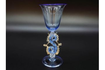 イタリア　ムラノガラス　ベネチアンガラス　金彩　細やかな意匠が美しいワイングラス2客セット(ヴェネチアングラス、MURANO、ムラーノガラス、作家物)(R-071814)