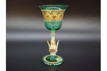 イタリア　ムラノガラス　ベネチアンガラス　金彩　白鳥　煌びやかなデザインが華やかな印象を与えるワイングラス(ヴェネチアングラス、MURANO、ムラーノガラス、作家物)(R-071815)
