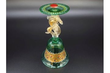 イタリア　ムラノガラス　ベネチアンガラス　金彩　白鳥　煌びやかなデザインが華やかな印象を与えるワイングラス(ヴェネチアングラス、MURANO、ムラーノガラス、作家物)(R-071815)
