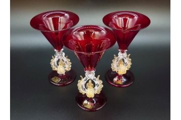 イタリア　ムラノガラス　ベネチアンガラス　金彩　凝ったデザインが優美な印象を与えるカクテルグラス3客セット(ヴェネチアングラス、MURANO、ムラーノガラス、作家物)(R-071817)