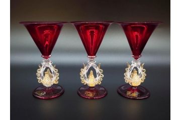 イタリア　ムラノガラス　ベネチアンガラス　金彩　凝ったデザインが優美な印象を与えるカクテルグラス3客セット(ヴェネチアングラス、MURANO、ムラーノガラス、作家物)(R-071817)
