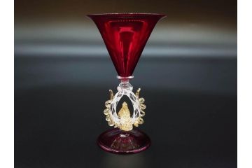 イタリア　ムラノガラス　ベネチアンガラス　金彩　凝ったデザインが優美な印象を与えるカクテルグラス3客セット(ヴェネチアングラス、MURANO、ムラーノガラス、作家物)(R-071817)