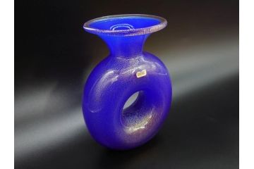 イタリア　ムラノガラス　ベネチアンガラス　珍しいデザインと鮮やかな色合いが目を惹くフラワーベース(ムラーノガラス、MURANO、花瓶、花器、花入、作家物)(R-071819)