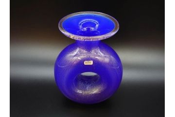 イタリア　ムラノガラス　ベネチアンガラス　珍しいデザインと鮮やかな色合いが目を惹くフラワーベース(ムラーノガラス、MURANO、花瓶、花器、花入、作家物)(R-071819)