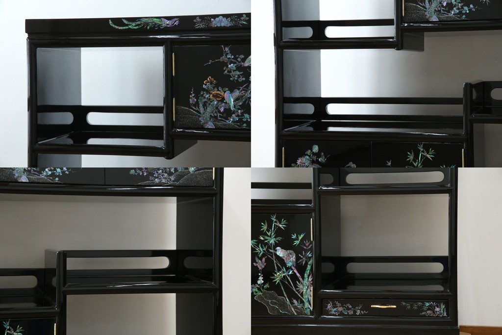 中古　美品!!　高級民芸家具　華やかな螺鈿(らでん)細工が目を引く飾り棚　(R-071825)