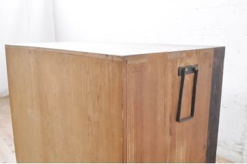 和製アンティーク　珍品!!　前面栗材　縦桟引き戸のモダンな帳場小箪笥(帳場箪笥、銭戸棚、時代箪笥、収納タンス、整理たんす、サイドボード、引き出し)(R-071891)