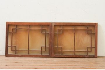 アンティーク建具　古い木味が魅力的なガラス窓2枚セット(引き戸、ガラス戸)(R-071901)