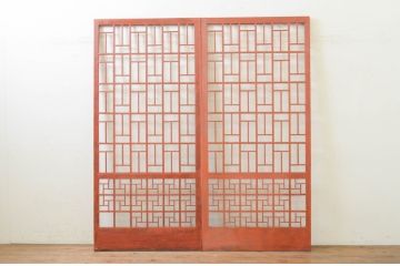 ビンテージ建具　ペイント仕上げ限定　李朝デザインの格子引き戸2枚セット(格子戸、ガラス戸、ヴィンテージ)(R-071915)